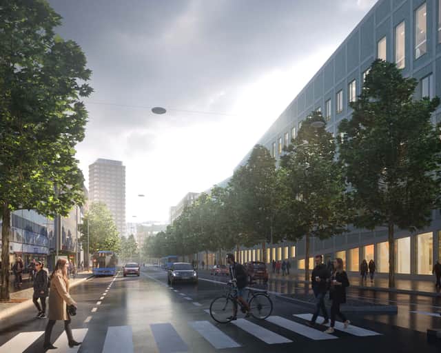 Vision image of a street and people.