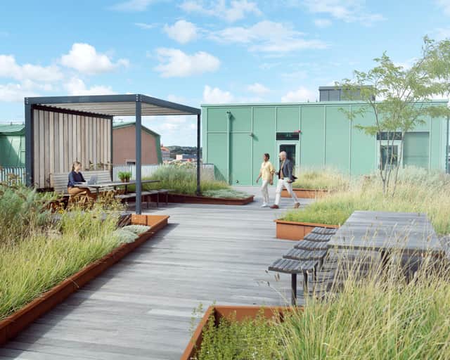 Three people on a roof top terrace
